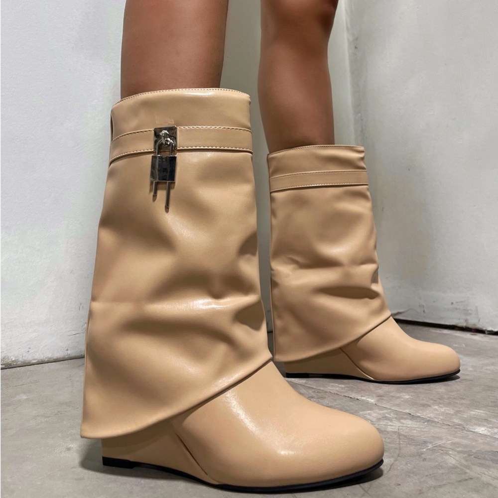 Tan wedge heel boot